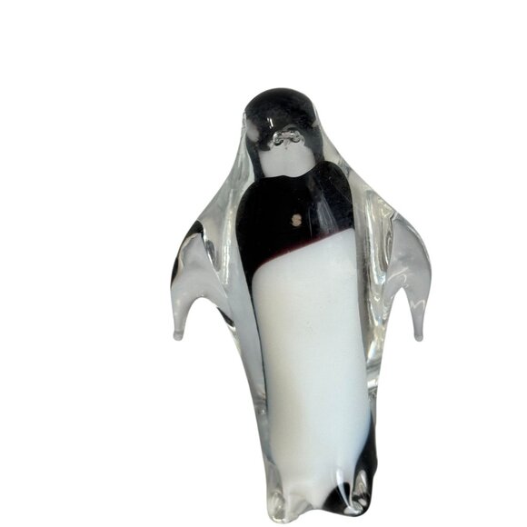 Hand Blown Art Glass Penguin Figurine Clear Encased Black White 4 1/2" - Picture 3 of 7